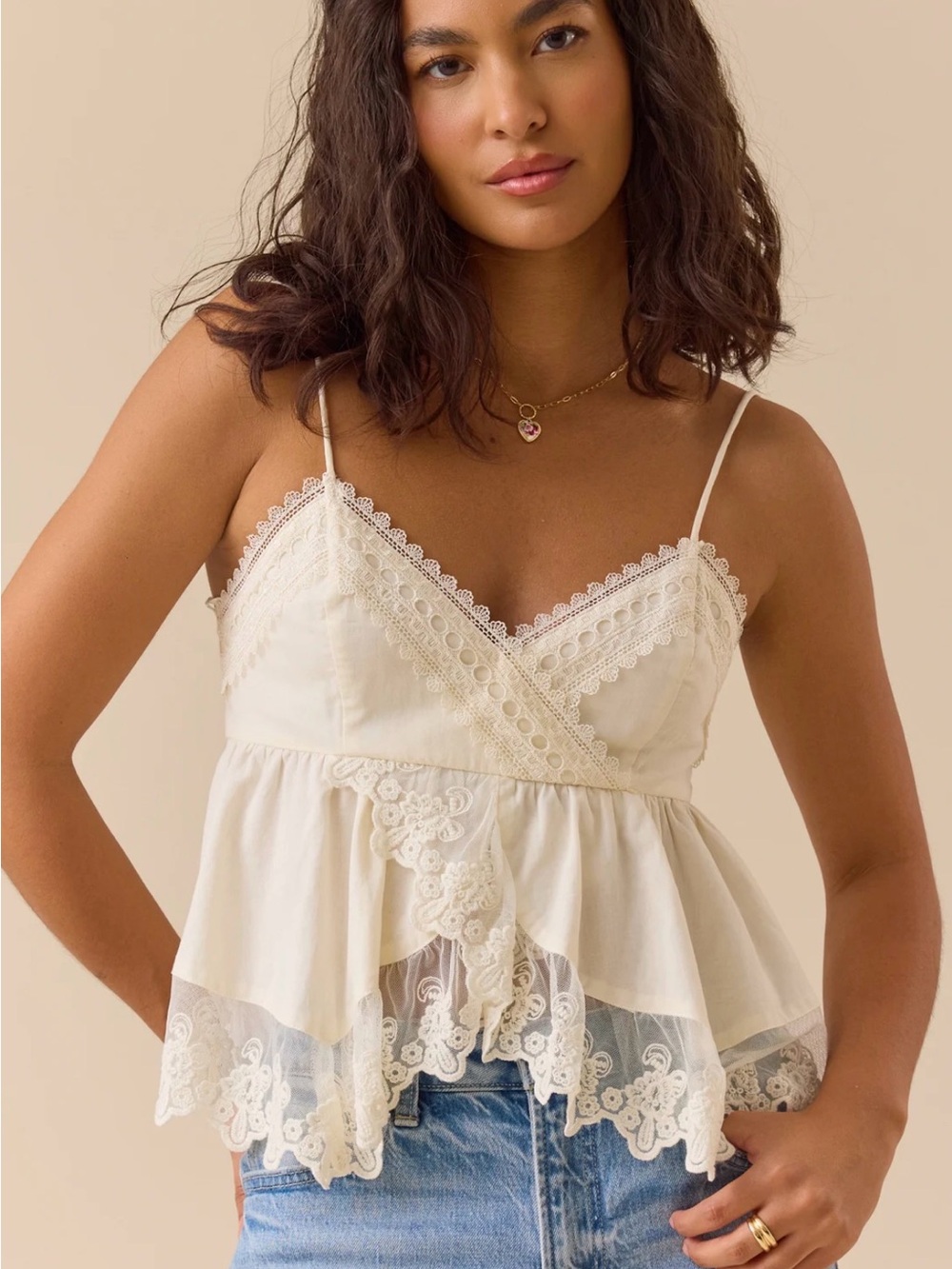 Altar'd State Cream Lace-Trim Peplum Cami